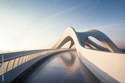 curved steel structure bridge supported by two main arches photo