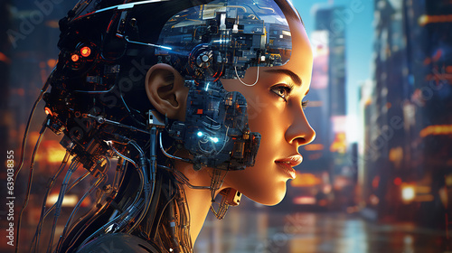 Young female humanoid head is connected to a super computer, symbolizing artificial intelligence. Futuristic illustration of the relationship between humans and neural networks. Copy space