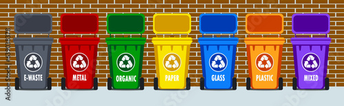 Garbage sorting containers, seven different colors with names that indicate the purpose of the container. Ecological garbage cans located on the background of a brick wall. Vector illustration.