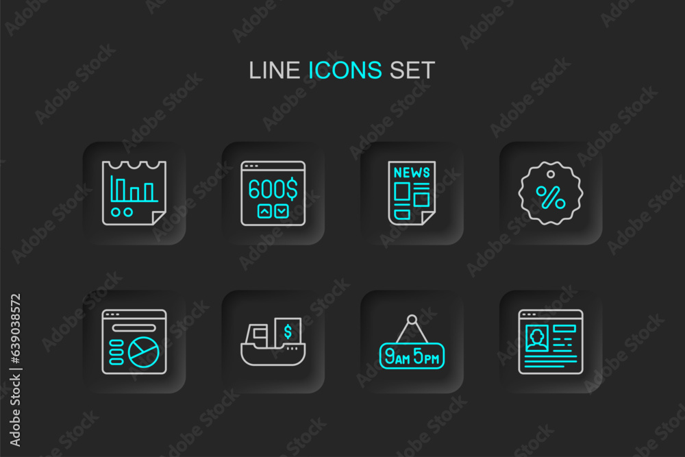 Set line Resume, From 9 to 5 job, Cargo ship with boxes delivery, Pie chart infographic, Discount percent tag, News, Monitor dollar and Document icon. Vector Set line Resume, From 9 to 5 job, Cargo ship with boxes delivery, Pie chart infographic, Discount percent tag, News, Monitor dollar and Document icon. Vector