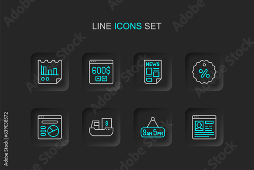 Set line Resume, From 9 to 5 job, Cargo ship with boxes delivery, Pie chart infographic, Discount percent tag, News, Monitor dollar and Document icon. Vector © Iryna
