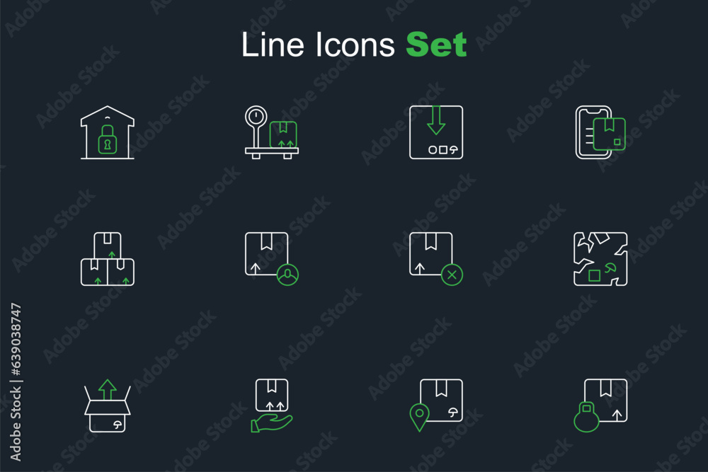 Set line Carton cardboard box, Location with, Delivery hand, Unboxing, Broken, and icon. Vector