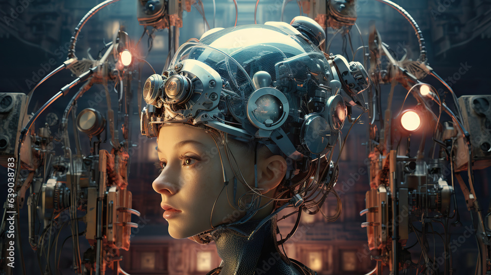 Young female humanoid head is connected to a super computer, symbolizing artificial intelligence. Futuristic illustration of the relationship between humans and neural networks. Copy space