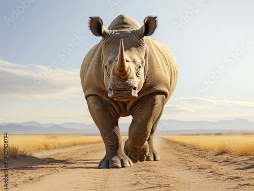 White rhinoceros standing on sand and looking at camera. © korkut82