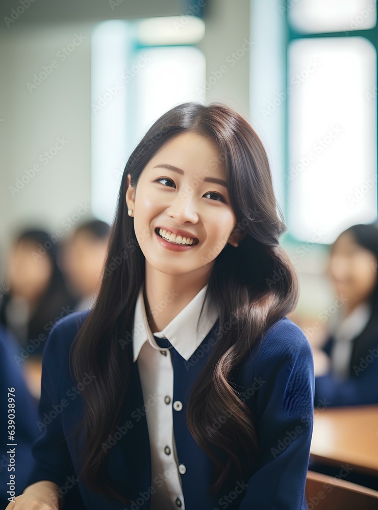 한국의 여자 중학교 교실에서 학생들과 함께 앉아 있는 미모의 여 선생님이 미소를 짓고 있는 모습 Stock ...