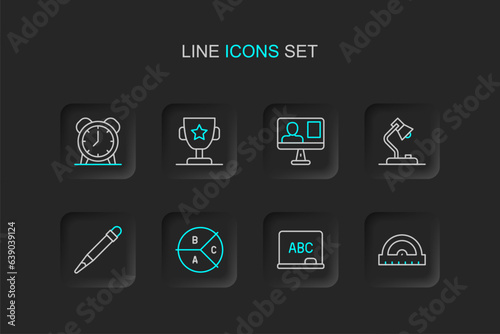 Set line Protractor grid, Chalkboard, Pie chart infographic, Pencil with eraser, Table lamp, Online class, Award cup and Alarm clock icon. Vector