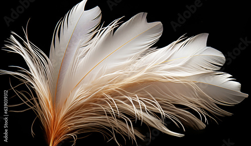 Closeup of white feather on black background. AI generated