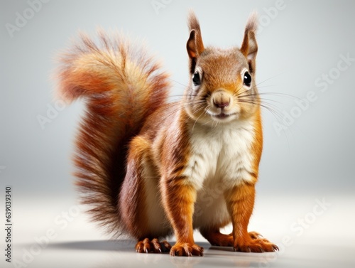 Squirrel sitting on a log and looking at the camera, 3d render. Eurasian red squirrel isolated on white background. Studio shot. © korkut82