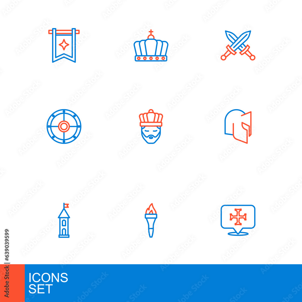 Set line Crusade, Torch flame, Castle tower, Medieval helmet, Round shield, King with crown, Crossed medieval sword and icon. Vector Set line Crusade, Torch flame, Castle tower, Medieval helmet, Round shield, King with crown, Crossed medieval sword and icon. Vector