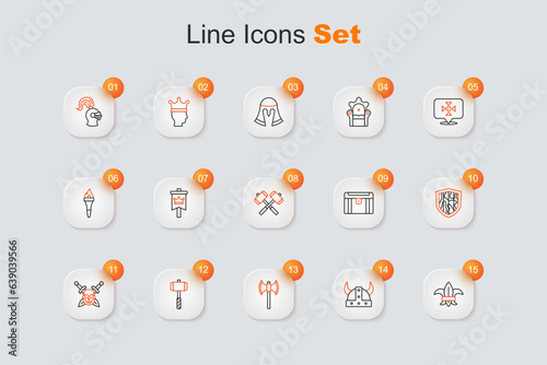 Set line Fleur de lys or lily flower, Viking in horned helmet, Medieval poleaxe, Battle hammer, Skull with sword, Shield, Antique treasure chest and Crossed battle hammers icon. Vector
