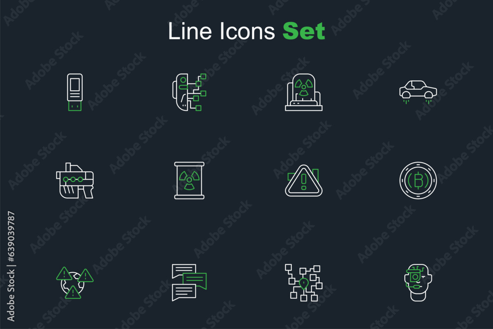 Set line Smart glasses on spectacles, Speech bubble chat, Earth with exclamation mark, Cryptocurrency coin Bitcoin, Exclamation triangle, Radioactive waste barrel and Futuristic weapon icon. Vector Set line Smart glasses on spectacles, Speech bubble chat, Earth with exclamation mark, Cryptocurrency coin Bitcoin, Exclamation triangle, Radioactive waste barrel and Futuristic weapon icon. Vector
