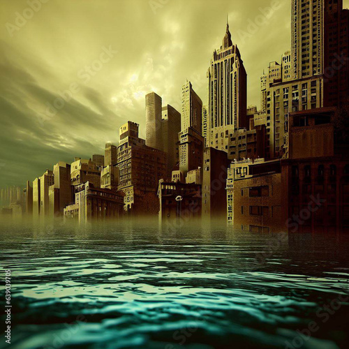 NYC Under Water with Green House Gasses Filling the Air