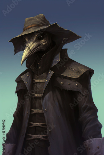 A plague doctor in a black hat. bird beak costume for halloween. scary dark outfit. man at the carnival