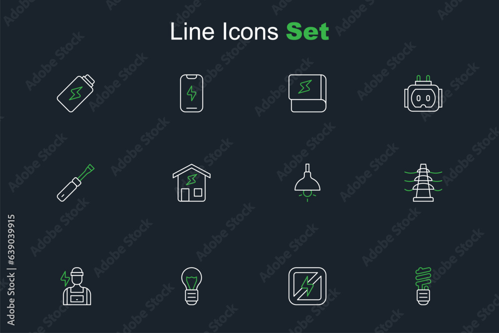 Set line LED light bulb, No lightning, Creative lamp idea, Electrician, tower line, Lamp hanging, Smart home and Screwdriver icon. Vector Set line LED light bulb, No lightning, Creative lamp idea, Electrician, tower line, Lamp hanging, Smart home and Screwdriver icon. Vector