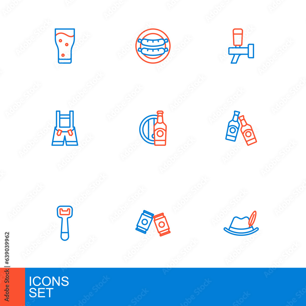 Set line Oktoberfest hat, Beer can, Bottle opener, bottle, Lederhosen, and wooden barrel, tap and Sausage icon. Vector