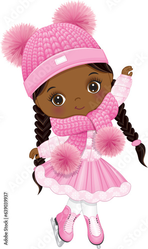 Vector Cute Little Black Girl Ice Skating
