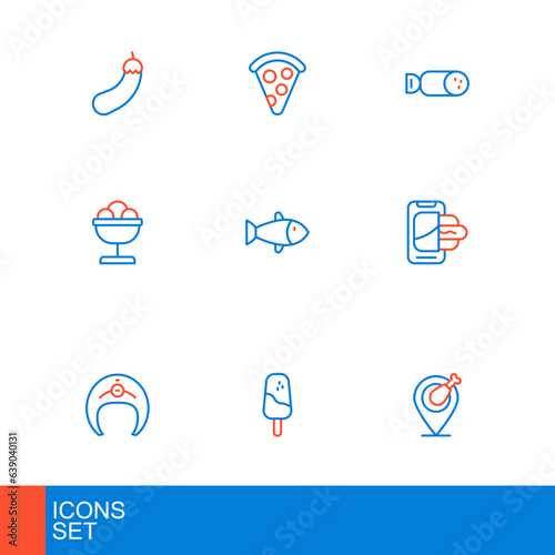 Set line Chicken leg, Ice cream, Fish steak, Food ordering on mobile, the bowl, Salami sausage and Slice of pizza icon. Vector