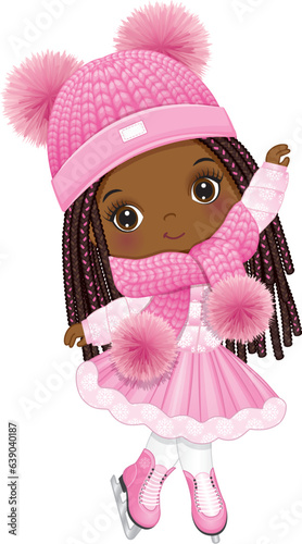 Vector Cute Little Black Girl Ice Skating