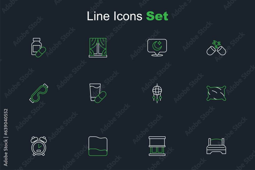 Set line Big bed, Window with curtains, Pillow, Alarm clock, Dream catcher feathers, Sleeping pill and Eye sleep mask icon. Vector Set line Big bed, Window with curtains, Pillow, Alarm clock, Dream catcher feathers, Sleeping pill and Eye sleep mask icon. Vector