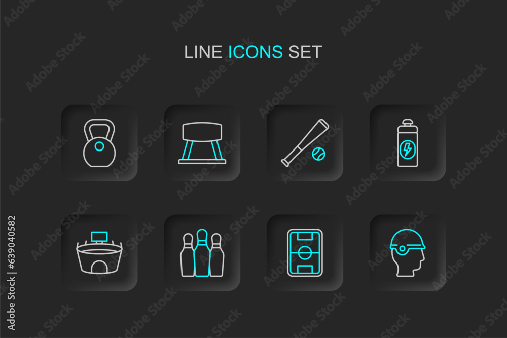 Set line Baseball helmet, Football field, Bowling pin, Stadium, Fitness shaker, bat with, Pommel horse and Weight icon. Vector