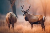 Male and female antelope with antlers in the autumn forest.