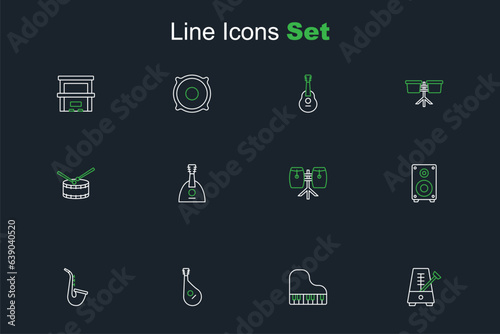 Set line Metronome with pendulum, Grand piano, Bandura, Saxophone, Stereo speaker, Conga drums, Balalaika and Drum sticks icon. Vector