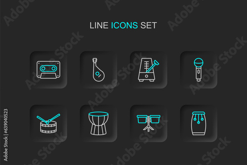 Set line Conga drums, Bongo, African darbuka, Drum with sticks, Microphone, Metronome pendulum, Bandura and Retro audio cassette tape icon. Vector