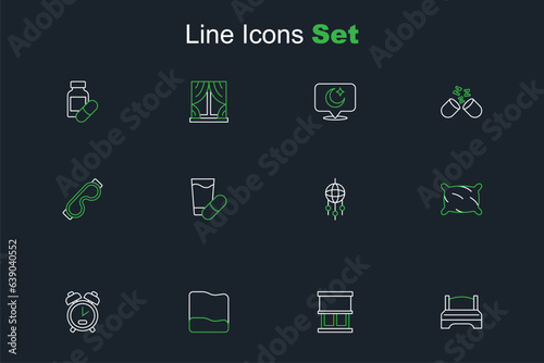 Set line Big bed, Window with curtains, Pillow, Alarm clock, Dream catcher feathers, Sleeping pill and Eye sleep mask icon. Vector © Iryna