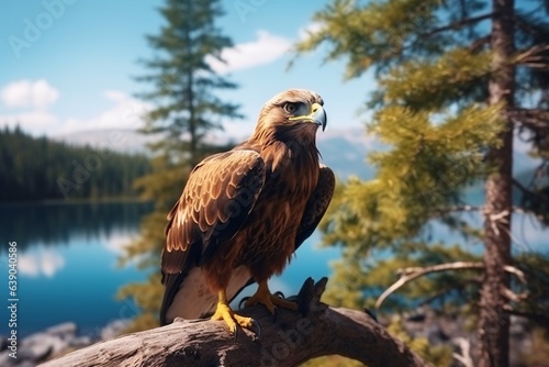 Beautiful golden eagle sitting on a tree branch in the mountains.