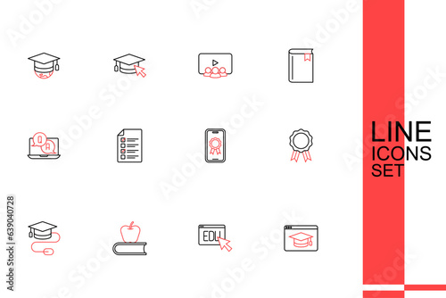 Set line Online education, Book with apple, Graduation cap mouse, diploma, quiz, test, survey and Question and Answer icon. Vector