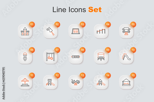 Set line Sandbox with sand, Slide playground, Swing car, Jumping trampoline and Education logic game icon. Vector
