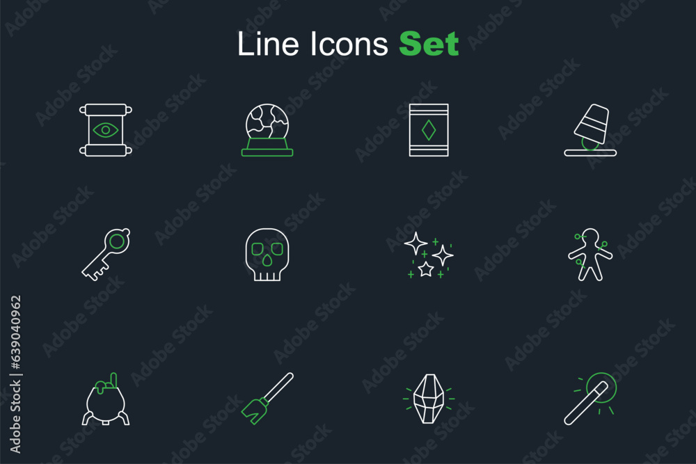 Set line Magic wand, stone, Witches broom, cauldron, Voodoo doll, Magical glitter particles, Skull and Old magic key icon. Vector Set line Magic wand, stone, Witches broom, cauldron, Voodoo doll, Magical glitter particles, Skull and Old magic key icon. Vector