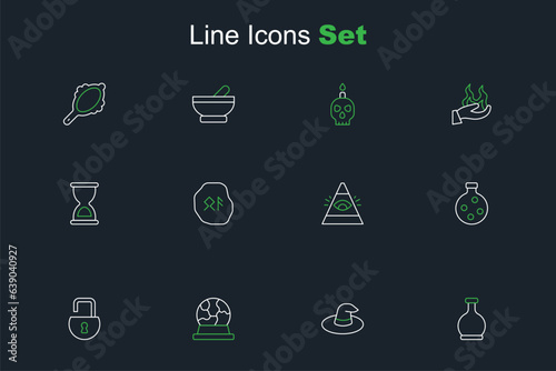 Set line Bottle with potion, Witch hat, Magic ball, Open padlock, All-seeing eye of God, runes and Old hourglass icon. Vector