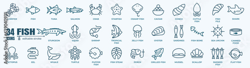 Leinwand Poster Fish and seafood elements - thin line web icon set