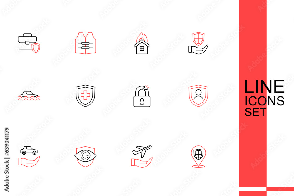 Set line Location shield, Plane in hand, Shield eye, Car insurance, Life with, Broken or cracked lock, and Flood car icon. Vector Set line Location shield, Plane in hand, Shield eye, Car insurance, Life with, Broken or cracked lock, and Flood car icon. Vector