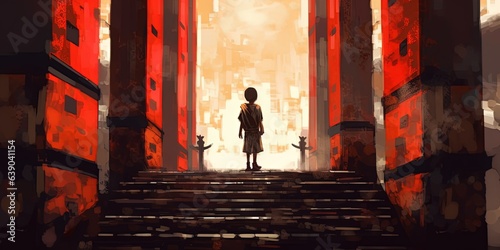 Young boy walking up the stairs to the Torii gate, digital art style, illustration painting