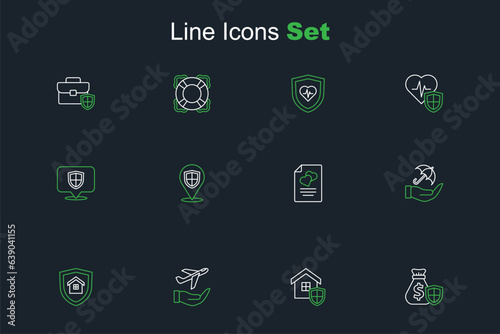 Set line Money bag with shield, House, Plane in hand, Umbrella, Marriage contract, Location and icon. Vector