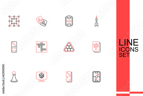 Set line Air hockey table, Domino, Game dice, Chess pawn, Mahjong pieces, Billiard balls triangle, Crossword and icon. Vector