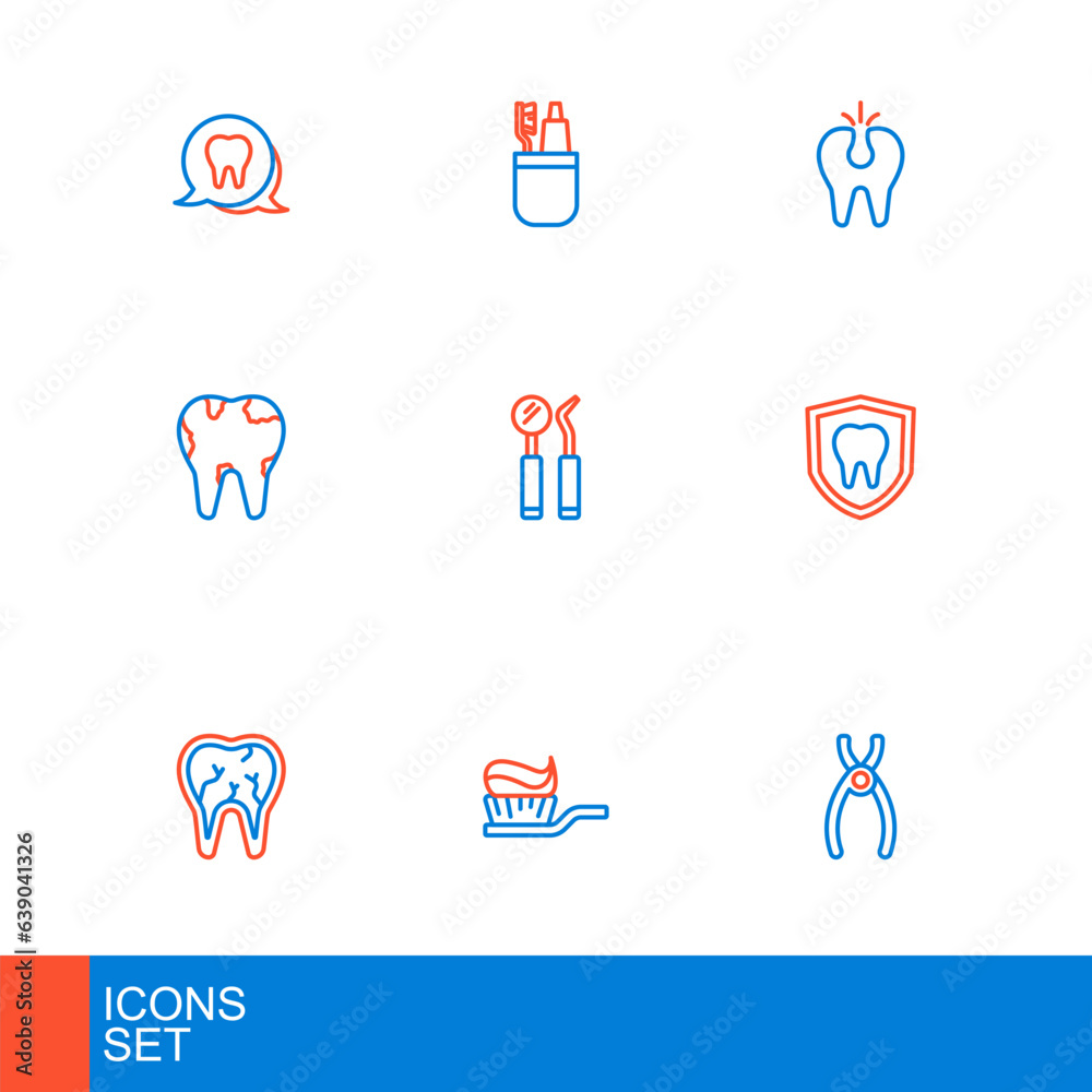 Set line Dental pliers, Toothbrush with toothpaste, Broken, protection, mirror and probe, and icon. Vector