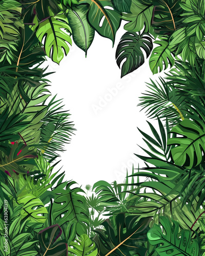 Tropical green leaves frame on white background. Generative AI. High quality illustration