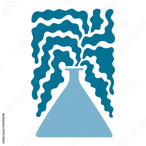 Matisse inspired vase. Plant branch with wavy floral leaves. Trendy, minimalistic style, flower in shades of blue, turquoise. Simple doodle beaker, chemical flask. Vector abstract flat illustration 