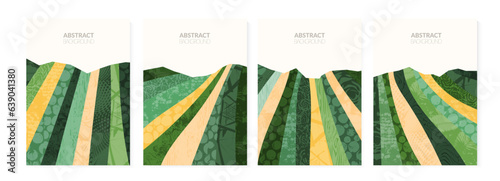 Abstract agriculture field or farm card background. Vineyard valley collage pattern, spring countryside landscape, ecology poster template. Summer backdrop, organic design, eco green flyer layout