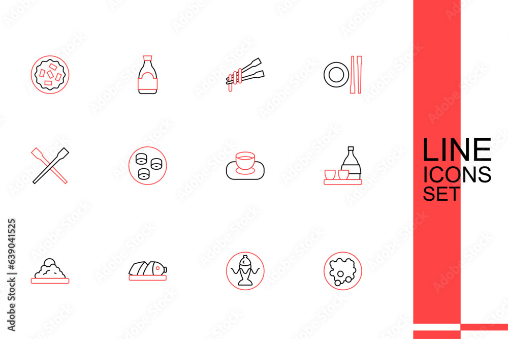 Set line Rice in a bowl, Served fish on plate, Fish with sliced pieces, Bottle of sake, Soy sauce, Sushi and Food chopsticks icon. Vector