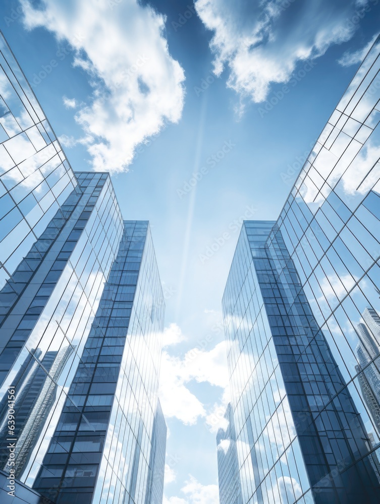 Obraz premium Skyscrapers in business district with blue sky and white clouds 