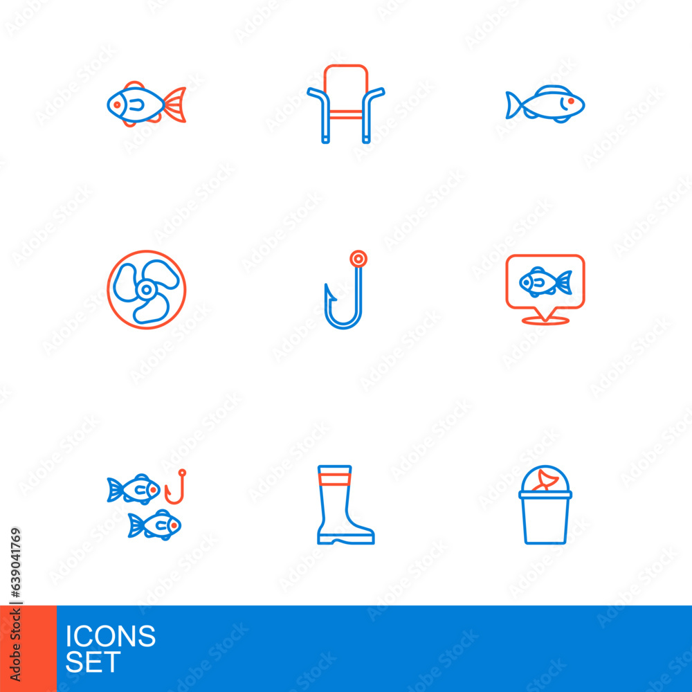 Set line Fisherman hat, Fishing boots, hook with fish, Location fishing, Outboard boat motor, and Camping folding chair icon. Vector Set line Fisherman hat, Fishing boots, hook with fish, Location fishing, Outboard boat motor, and Camping folding chair icon. Vector