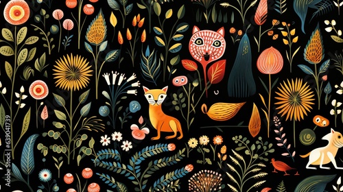 Wallpaper Mural  a painting of a fox and other animals in a field of flowers.  generative ai Torontodigital.ca
