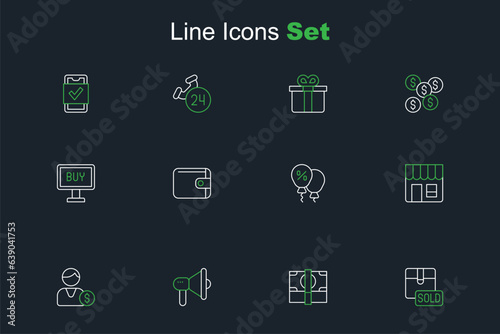 Set line Sold, Stacks paper money cash, Megaphone, Buyer, Market store, Discount percent tag, Wallet and button icon. Vector photo