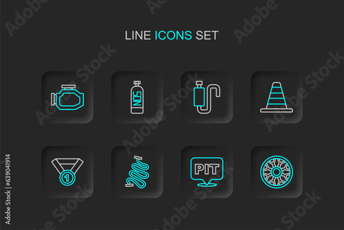 Set line Alloy wheel for car, Pit stop, Racing track, Medal, Traffic cone, Car muffler, Nitrous oxide and Check engine icon. Vector