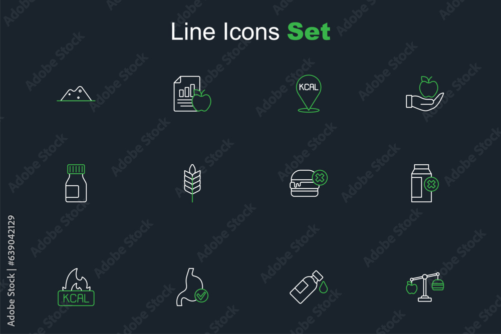 Set line Calorie calculator, Bottle of water, Human stomach health, Kcal, Lactose intolerance, No burger, Wheat and Vitamins icon. Vector Set line Calorie calculator, Bottle of water, Human stomach health, Kcal, Lactose intolerance, No burger, Wheat and Vitamins icon. Vector