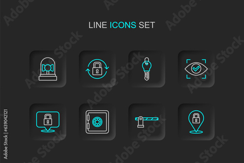 Set line Lock, Parking car barrier, Safe, Eye scan, Key, and Ringing alarm bell icon. Vector